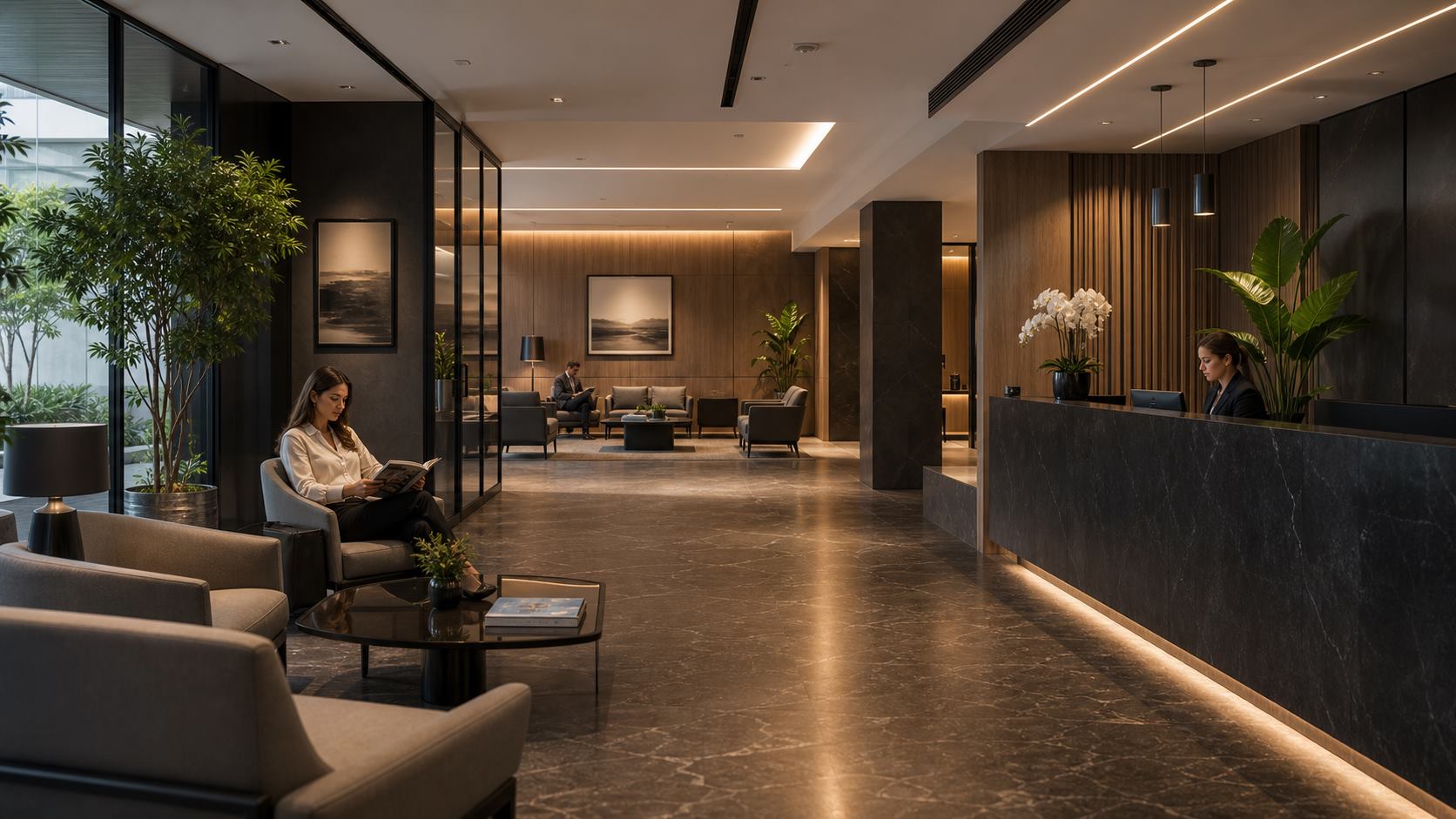 Recepção hospitalar premium moderna e sofisticada